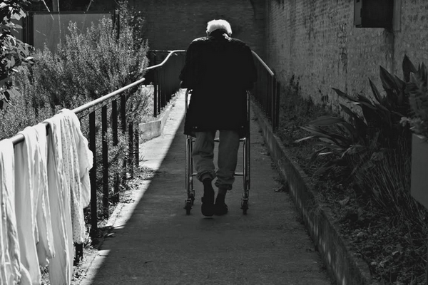 anziani di spalle che cammina con l'aiuto di un deambulatore lungo un sentiero con piante